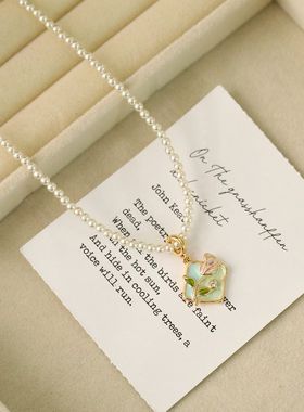 春夏小清新油画系吊坠项链diy可拆卸清新珐琅彩绿色花朵毛衣链女