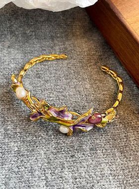 莫奈花园高档中古风滴油紫色藤蔓花环镀金开口手镯异形珍珠首饰
