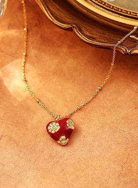 秋冬新品爆款红色滴油爱心项链高级感精致时尚百搭气质复古锁骨链