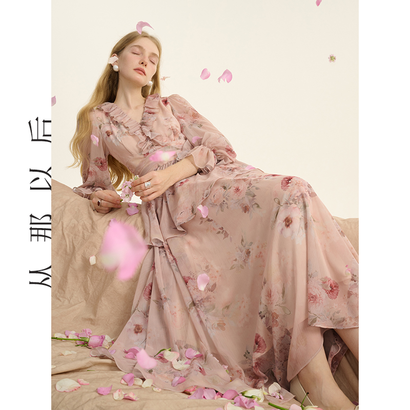 从那以后法式碎花长裙长袖雪纺裙子V领茶歇裙高级感连衣裙女秋季,淘宝优惠券,粉丝福利购,淘宝优惠卷