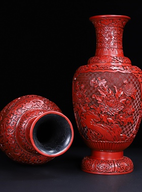 古玩古董老货剔红漆器满雕刻牡丹赏瓶一对雅室客厅装饰摆件收藏品