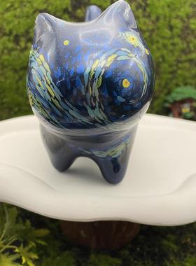 原创手绘工艺潮品星空猫手作13cm檀木国风纯手工绘画孤品创意摆件