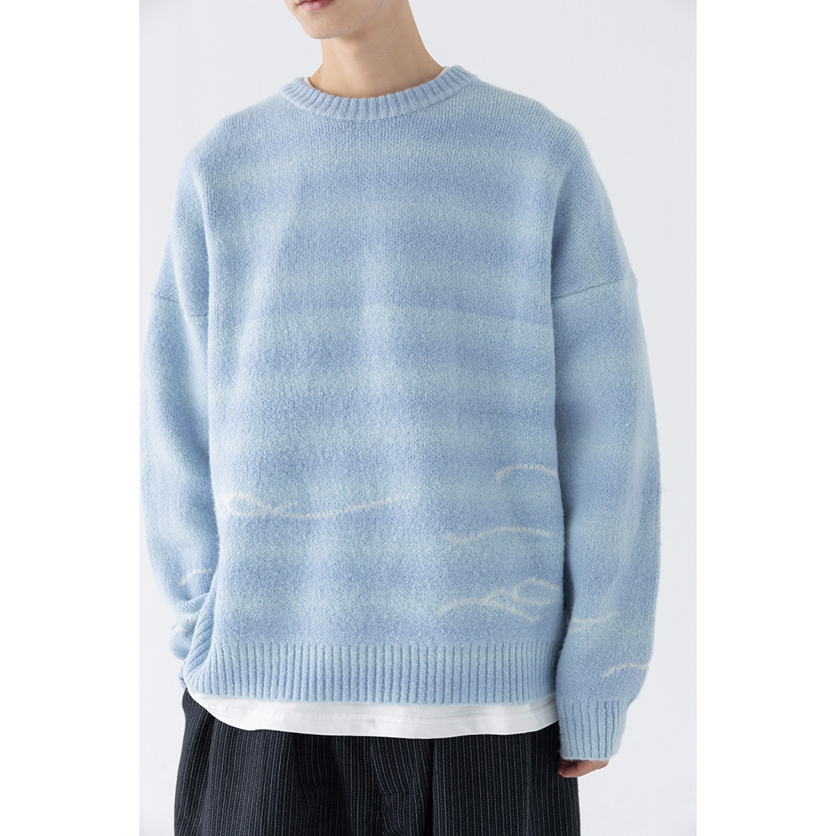 Mentmate 一眼就沉沦渐变蓝毛衣 秋冬松弛感海浪极简圆领针织衫男,淘宝优惠券,粉丝福利购,淘宝优惠卷