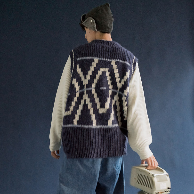 8090年代复古菱形格纹针织衫马甲港味复古男女宽松无袖毛衣外套秋,淘宝优惠券,粉丝福利购,淘宝优惠卷