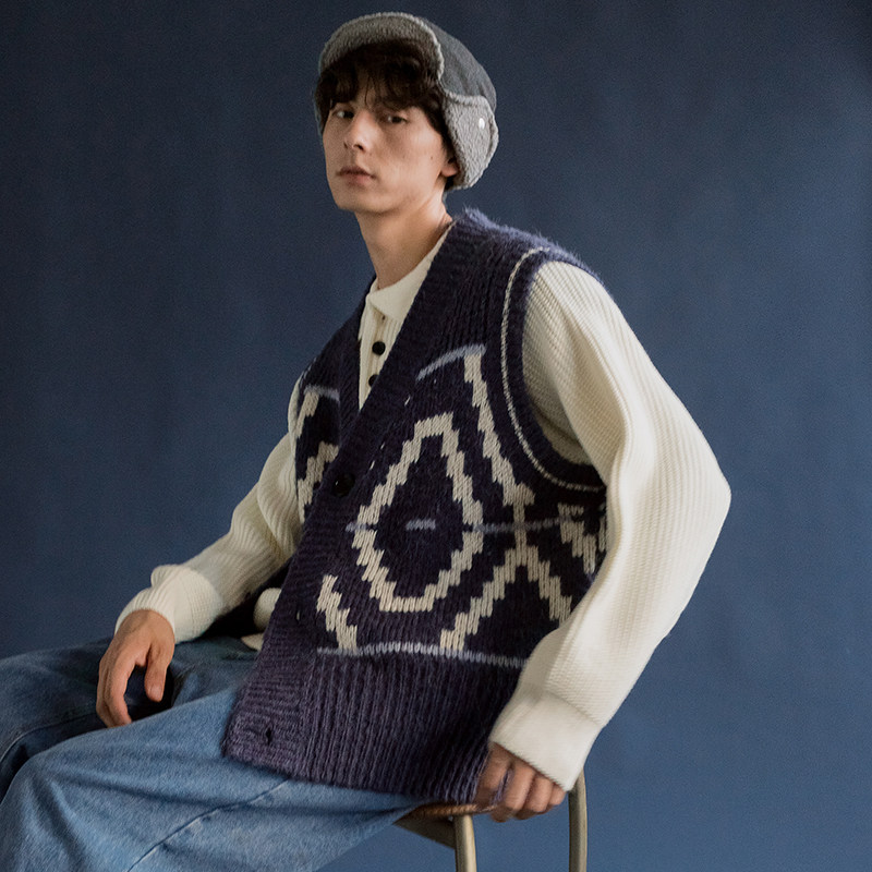 8090年代复古菱形格纹针织衫马甲港味复古男女宽松无袖毛衣外套秋,淘宝优惠券,粉丝福利购,淘宝优惠卷