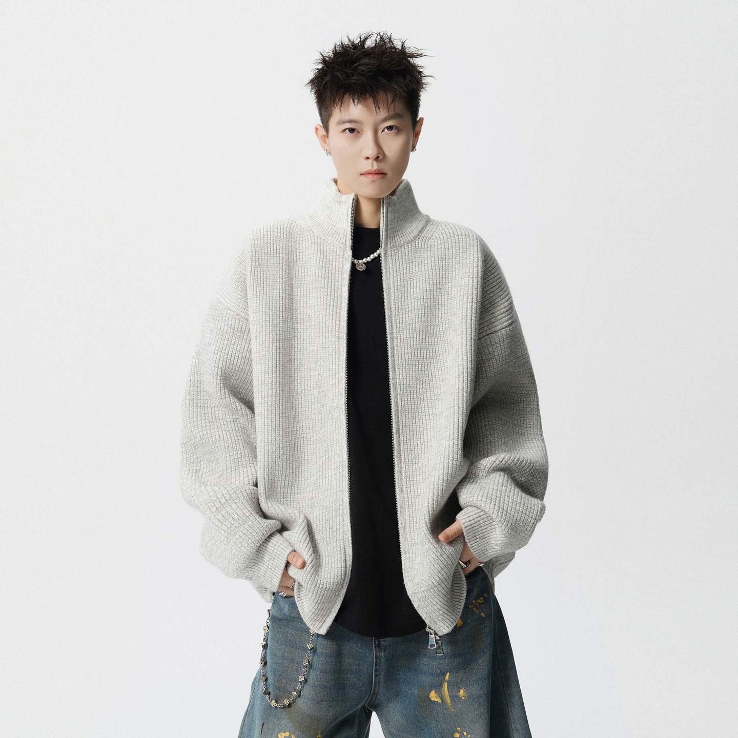 悟空有货潮牌美式复古重磅开衫立领毛衣男秋季宽松情侣针织衫外套,淘宝优惠券,粉丝福利购,淘宝优惠卷