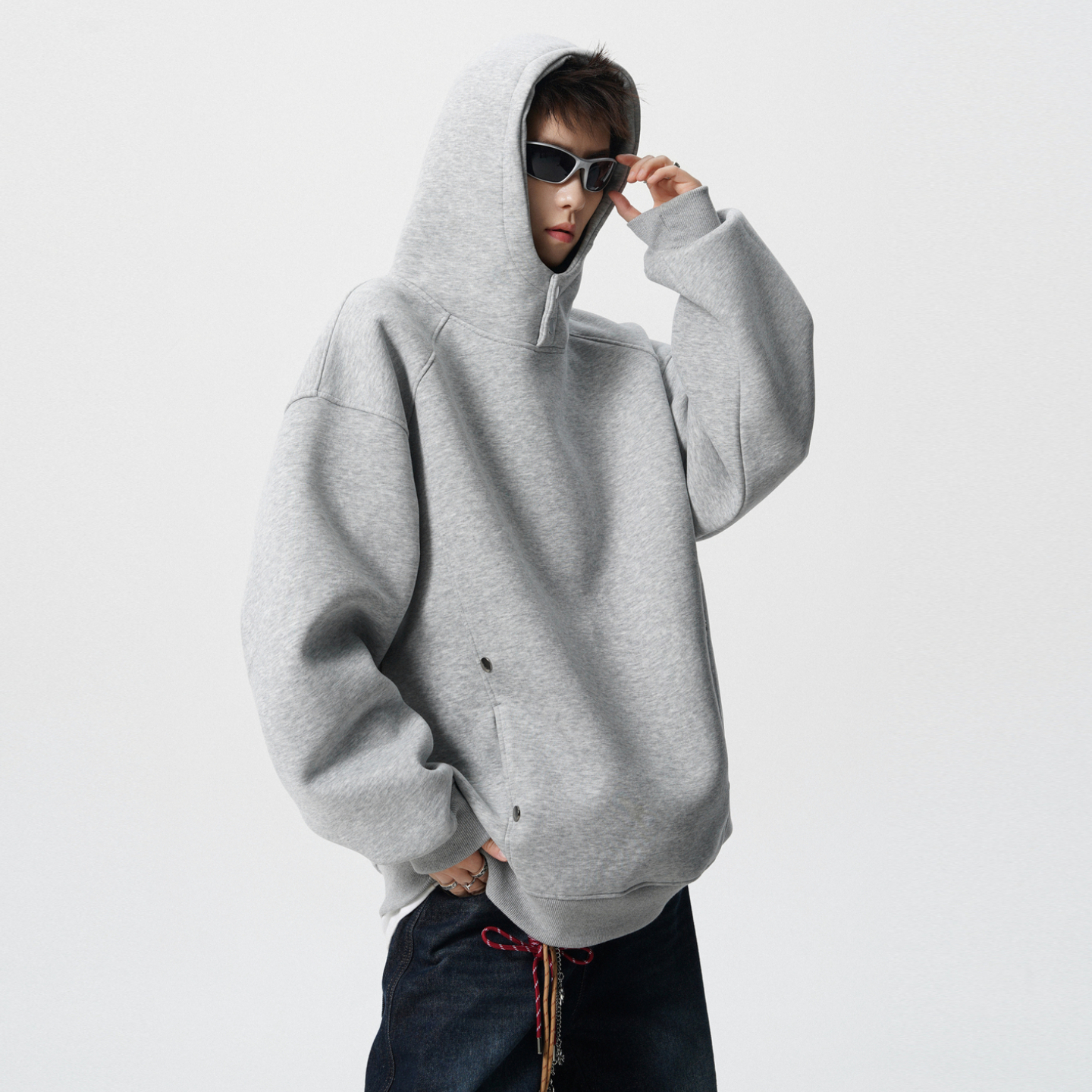 悟空有货潮牌美式重磅纽扣连帽卫衣男女复古潮牌情侣百搭套头帽衫 - 图2