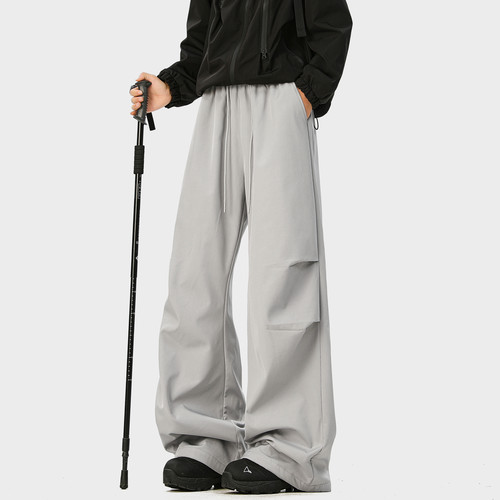 悟空有货冬季复古褶皱加绒加厚直筒伞兵裤男潮牌宽松保暖休闲长裤 - 图1