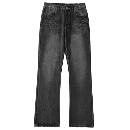 悟空有货美式高街闪电裂纹微喇牛仔裤男潮牌cleanfit水洗直筒长裤 - 图3