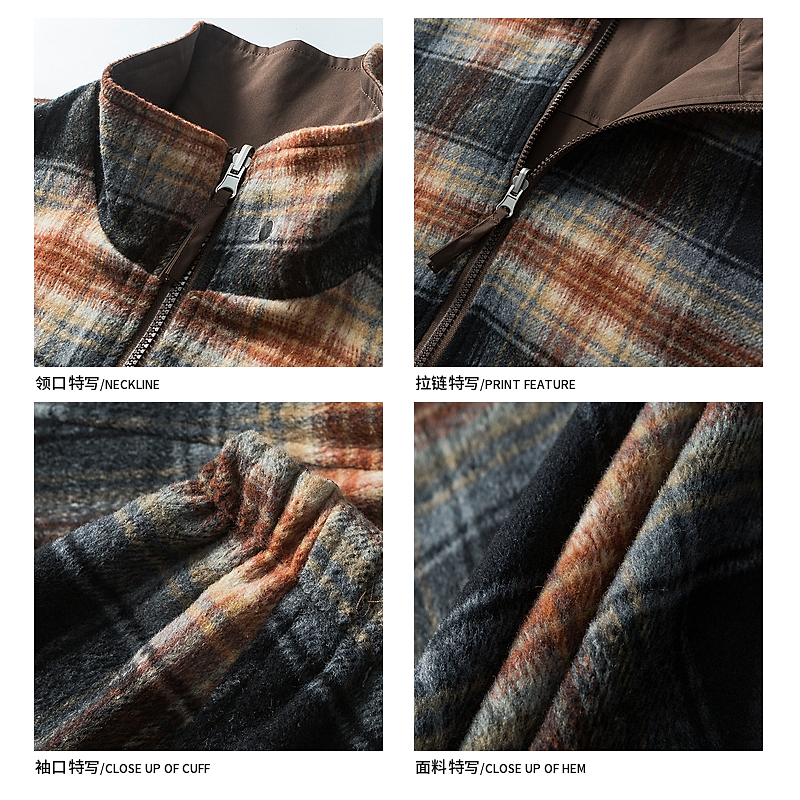 悟空有货复古撞色格子双面穿立领夹克男秋季潮牌宽松情侣百搭外套 - 图2