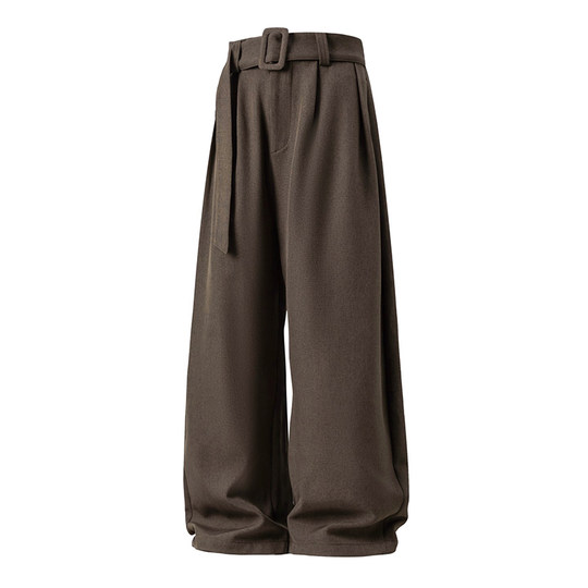 悟空有货老钱风腰带亚麻纹弯刀西裤男松弛感宽松阔腿休闲西装长裤