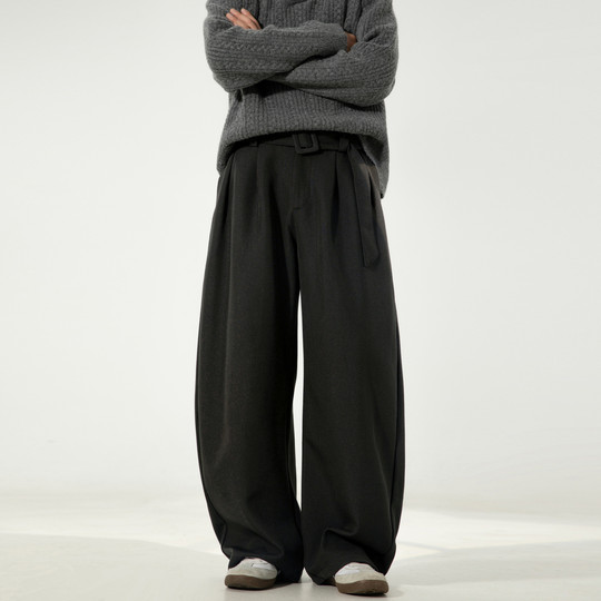 悟空有货老钱风腰带亚麻纹弯刀西裤男松弛感宽松阔腿休闲西装长裤