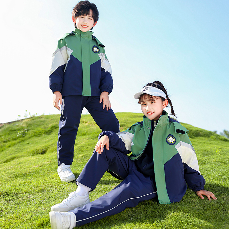 儿童班服冲锋衣三件套绿色小学生校服秋冬季学院风套装幼儿园园服