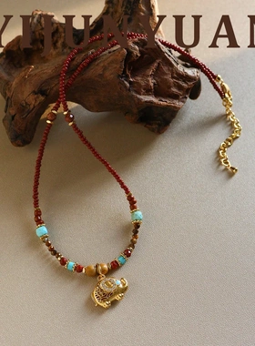 原创新中式时尚红色米珠锆石吉象项链轻奢小众高级感气质百搭饰品