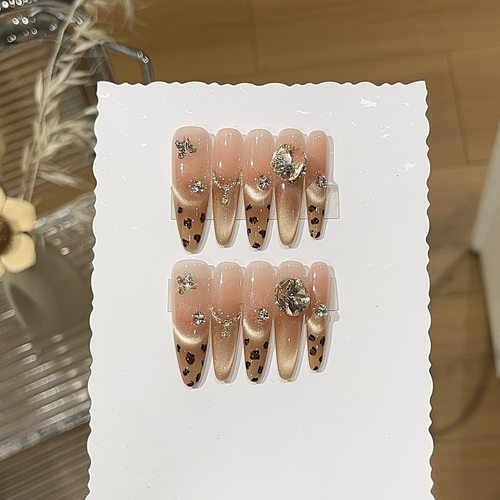 浪妞美甲贴原野焦糖千金风爆闪金棕色豹纹微笑猫眼显白K9钻穿戴甲 - 图2