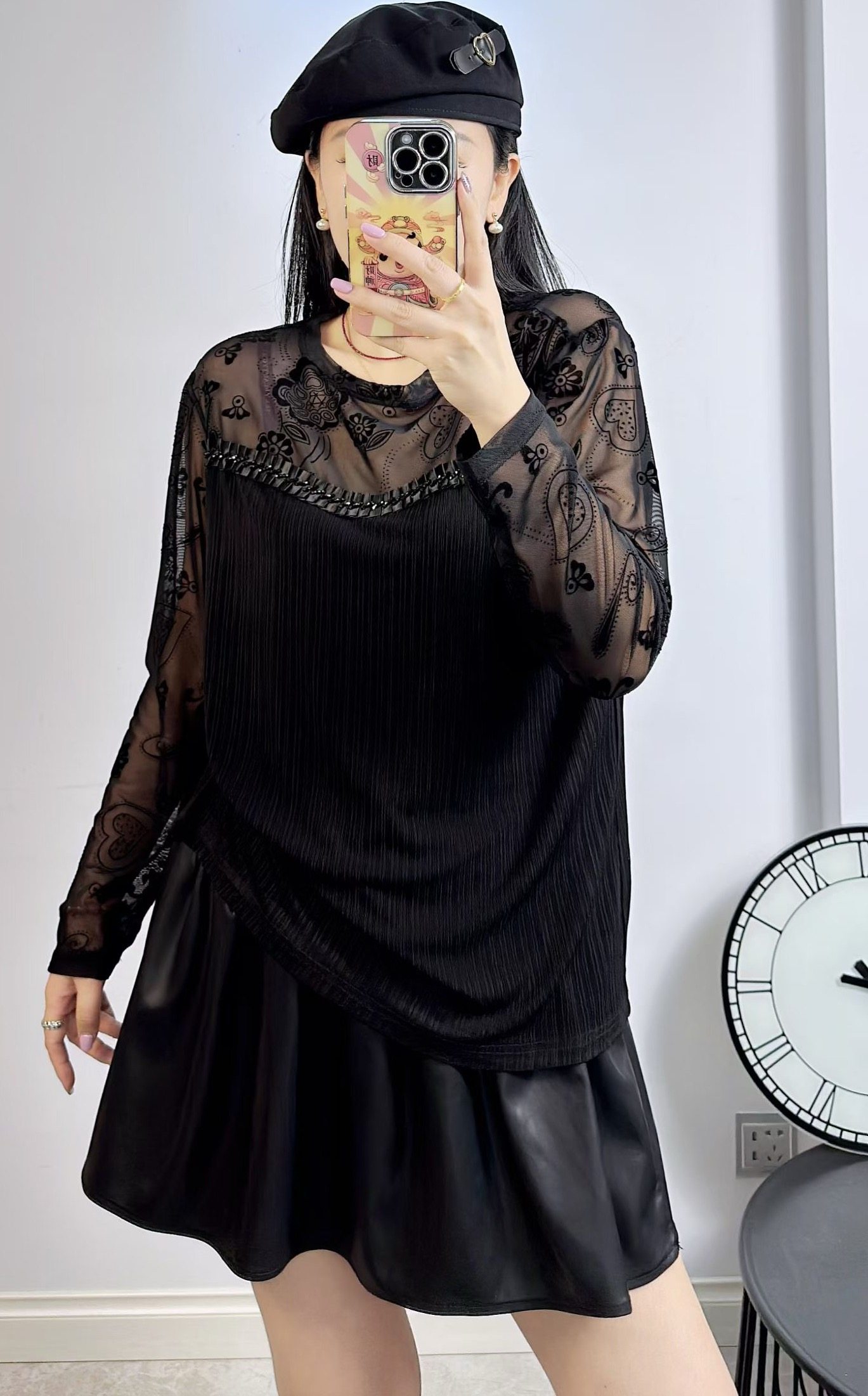 米莱奇6109春加大码打底衫女 蕾丝网纱拼接黑色洋气圆领内搭衫,淘宝优惠券,粉丝福利购,淘宝优惠卷