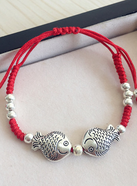 复古民族风红绳手链小清新情侣铃铛长命锁平安脚链手工藏银饰品