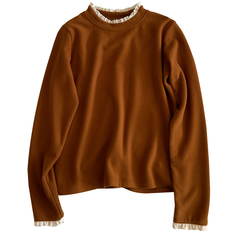 韩版假两件领口花边澳绒长袖T恤女小众内搭打底衫上衣冬季新款潮 - 图3