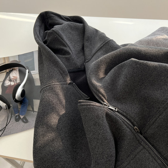 Chaqueta sudadera gris oscuro retro de terciopelo suelto grueso