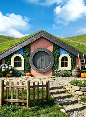 户外霍比特人风格小屋雕塑公园景区儿童乐园草坪景观打卡装饰摆件