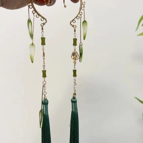 中式耳挂流苏超仙竹韵耳坠汉服配饰春夏cos穗子旗袍新娘配饰 - 图0