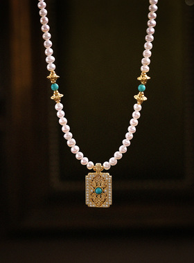 蓝松石方牌项链新款许愿星光无事牌珍珠轻奢气质高级感项链全新女