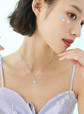 s925纯银梦幻星月项链女超仙气质月光石吊坠设计感锁骨链七夕礼物
