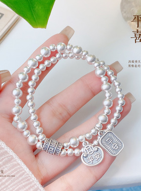 真言转运珠平安999纯银手链2025民族风手工编织小佛足银手串礼物