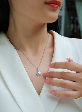 高颜值精工S925银2克拉莫桑石吊坠锁骨项链女神闺蜜礼服百搭首饰