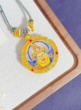 瑾言金店同款古法沙金久不掉色蓝色描金黄财神唐卡蓝色如意绳项链