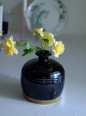 老的 黑釉花瓶 花器 黑胖花瓶 乌金釉茶桌花器