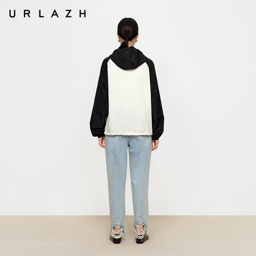URLAZH有兰秋季新款萌趣U等等黑白拼色插肩袖休闲宽松连帽外套女 - 图3