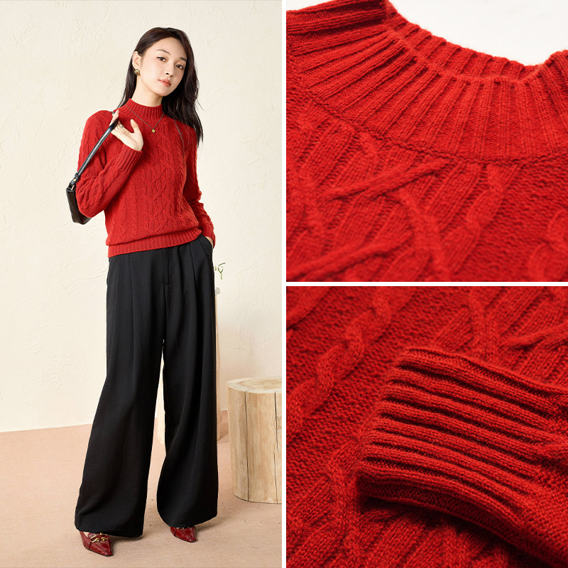 春竹复古绞花半高领羊绒套衫25秋新款新100%山羊绒宽松毛衣女上衣,淘宝优惠券,粉丝福利购,淘宝优惠卷