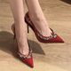 Burgundy rhinestones and high heels women's pointed toe patent leather