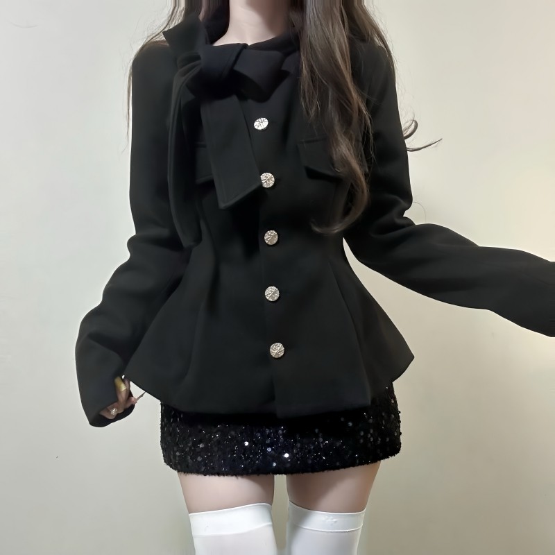 iqcq气球熊法式气质黑色小香风绑带蝴蝶结收腰毛呢外套亮片包臀裙,淘宝优惠券,粉丝福利购,淘宝优惠卷