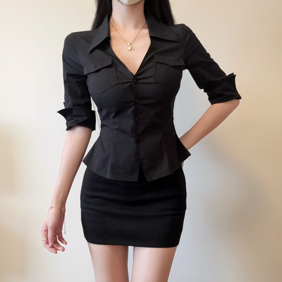 iqcq气球熊纯欲辣妹风时尚气质v领中袖衬衫早秋显瘦包臀裙两件套,淘宝优惠券,粉丝福利购,淘宝优惠卷