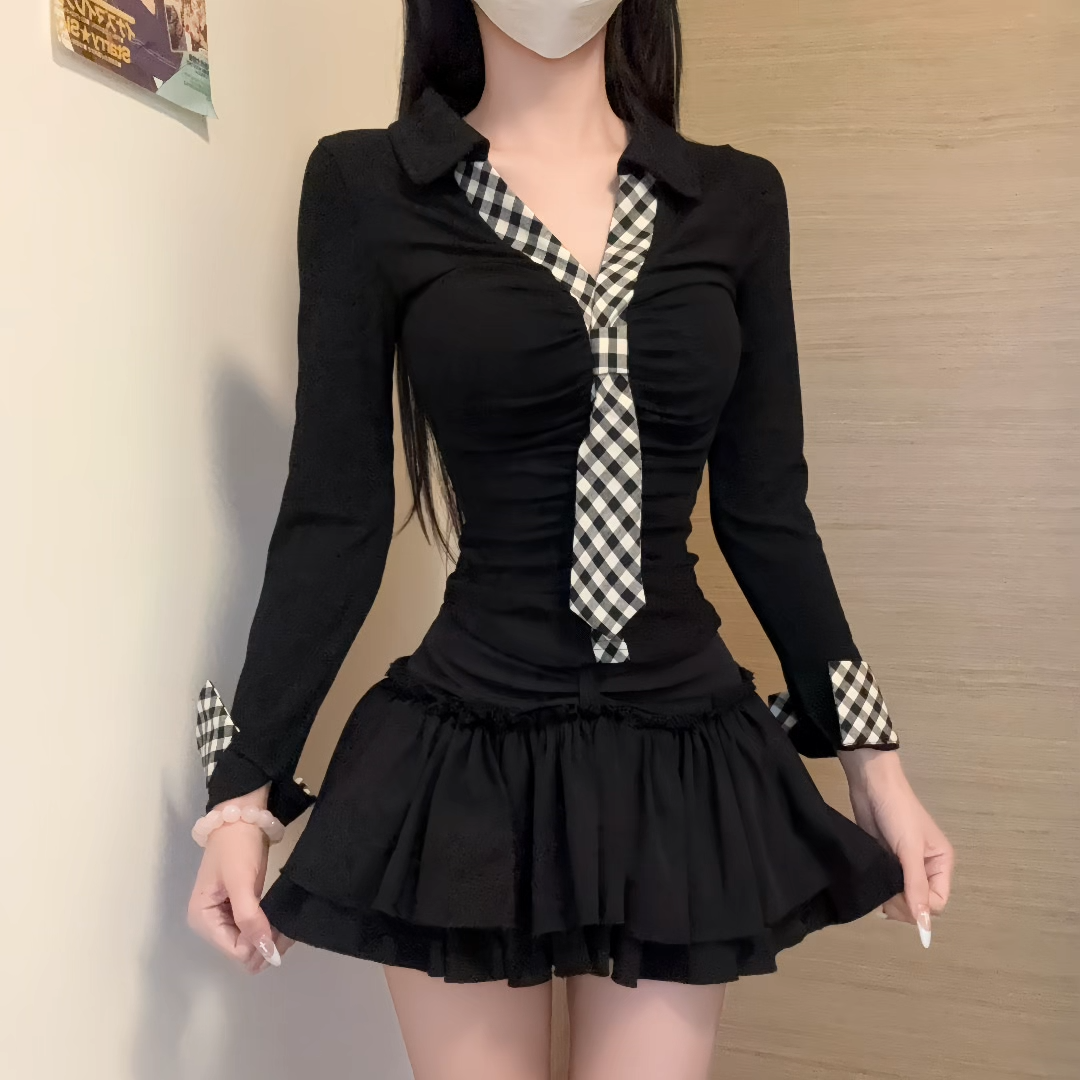 iqcq气球熊辣妹显瘦翻领纯欲风长袖上衣秋季高腰半身a字短裙套装,淘宝优惠券,粉丝福利购,淘宝优惠卷