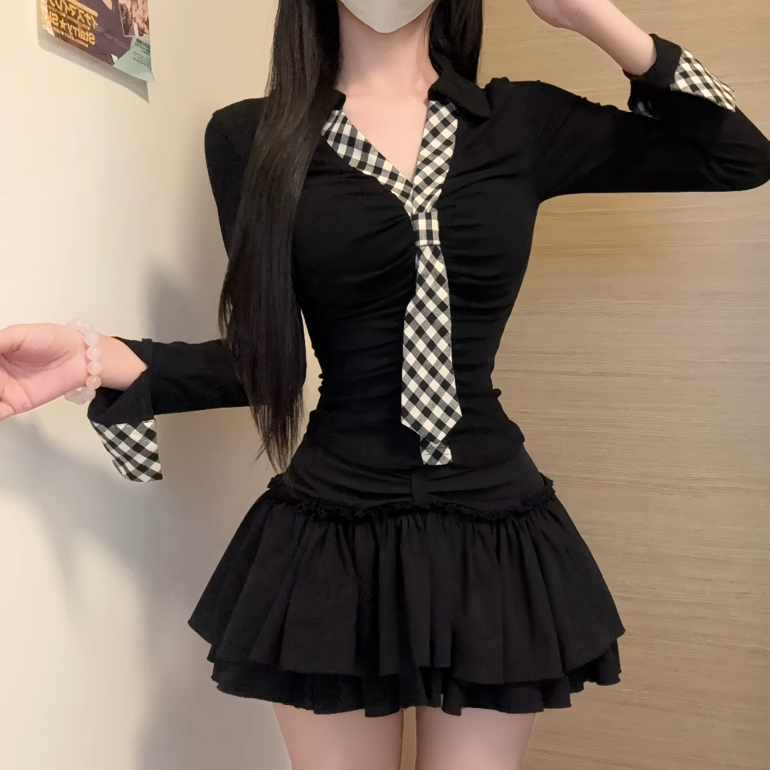 iqcq气球熊辣妹显瘦翻领纯欲风长袖上衣秋季高腰半身a字短裙套装,淘宝优惠券,粉丝福利购,淘宝优惠卷