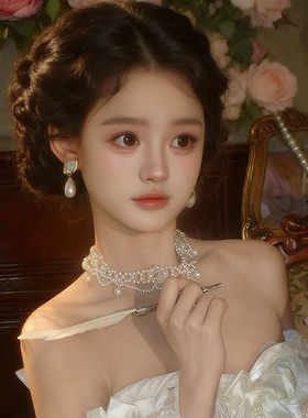 法式白月光珍珠项链女复古重工设计感多层锁骨链轻奢小众礼服颈链