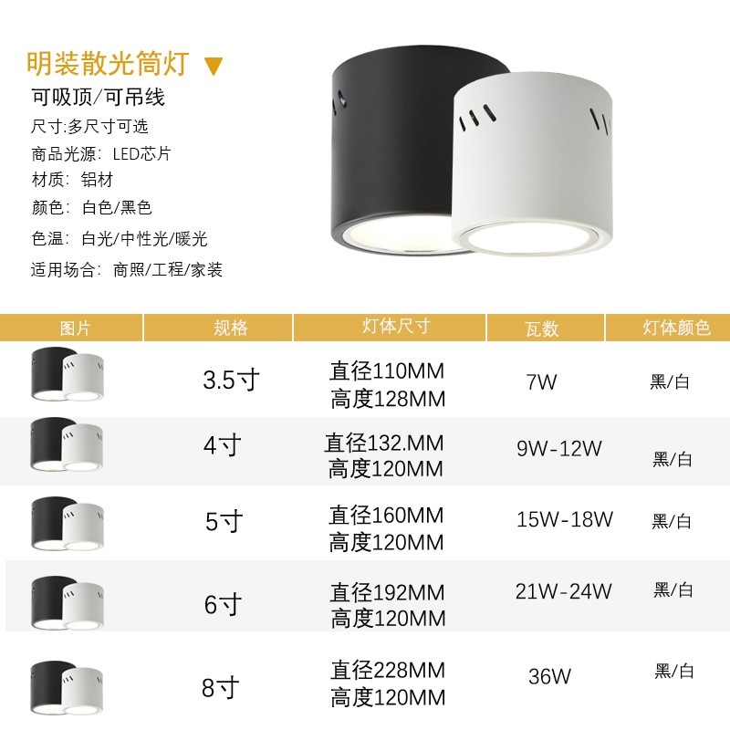 led明装筒灯 4寸5寸6寸8寸吸顶灯 北欧 圆柱 过道 商场办公楼吊灯