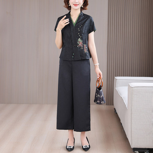 仿香云纱龟纹套装女2025新款夏季高端桑蚕丝国风上衣直筒裤两件套 - 图2