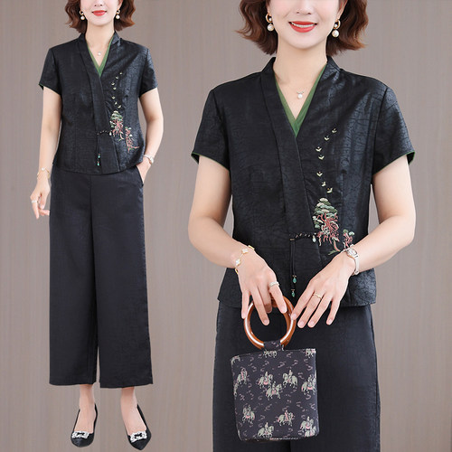 仿香云纱龟纹套装女2025新款夏季高端桑蚕丝国风上衣直筒裤两件套 - 图3