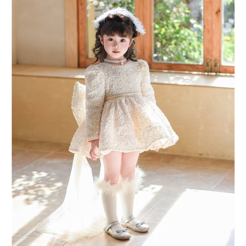 秋冬爆闪亮片女童公主裙重工小女孩生日蝴蝶结拖尾网纱花童小礼服,淘宝优惠券,粉丝福利购,淘宝优惠卷