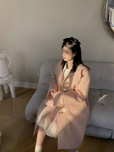 LXLILIUM 粉色牛角扣大衣女2022年新款冬季小个子夹棉毛呢外套 - 图3
