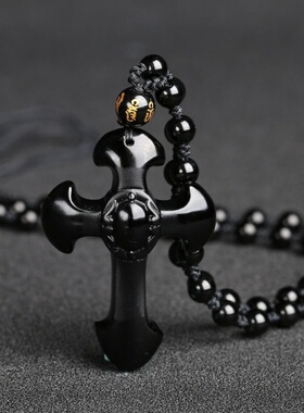 天然黑曜石男女款情侣十字架吊坠