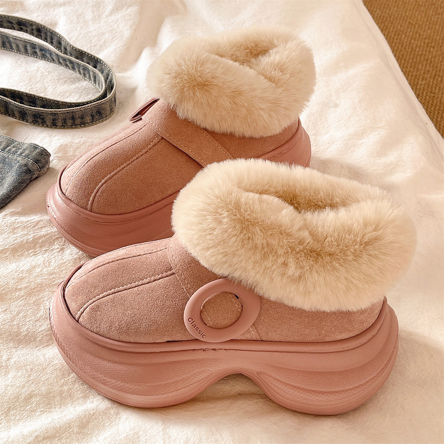 时尚皮带扣棉拖鞋女冬季外穿厚底增高防滑加绒加厚包跟保暖雪地靴,淘宝优惠券,粉丝福利购,淘宝优惠卷