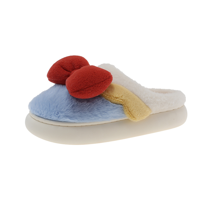 毛毛拖女冬季可爱蝴蝶结拼色居家室内包头保暖防滑毛绒月子棉拖鞋 - 图3