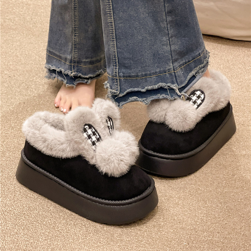 时尚大毛口棉拖鞋女冬季外穿可爱兔耳朵室内居家加绒保暖包跟棉鞋,淘宝优惠券,粉丝福利购,淘宝优惠卷