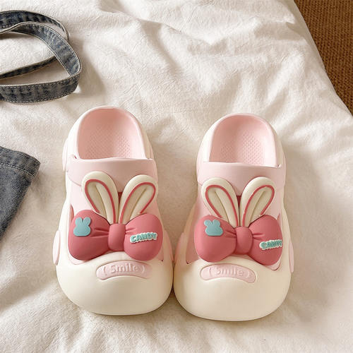 少女心可爱蝴蝶结洞洞鞋女夏季厚底防滑居家外穿踩屎感包头凉拖鞋 - 图1