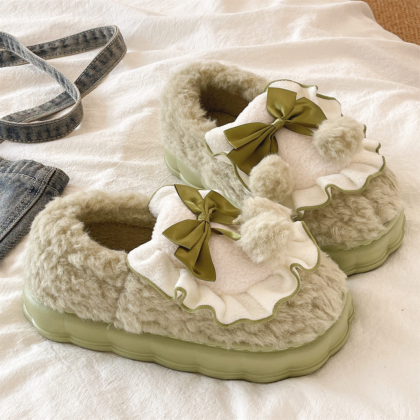 可爱蝴蝶结棉拖鞋女冬季室内居家月子鞋毛绒保暖防滑厚底包跟棉鞋,淘宝优惠券,粉丝福利购,淘宝优惠卷